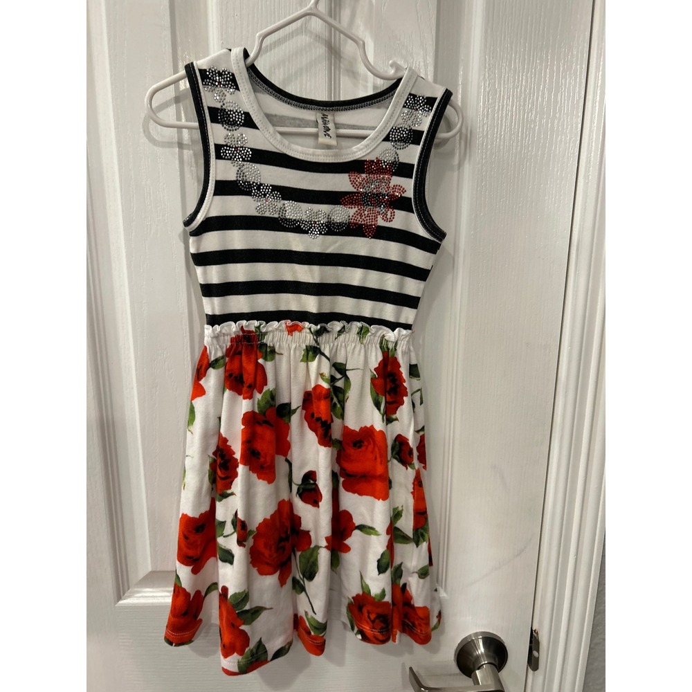 Mignone Dress Black White Striped Floral Rose Rhinestone Toddler‎ Girls 3T Bin A